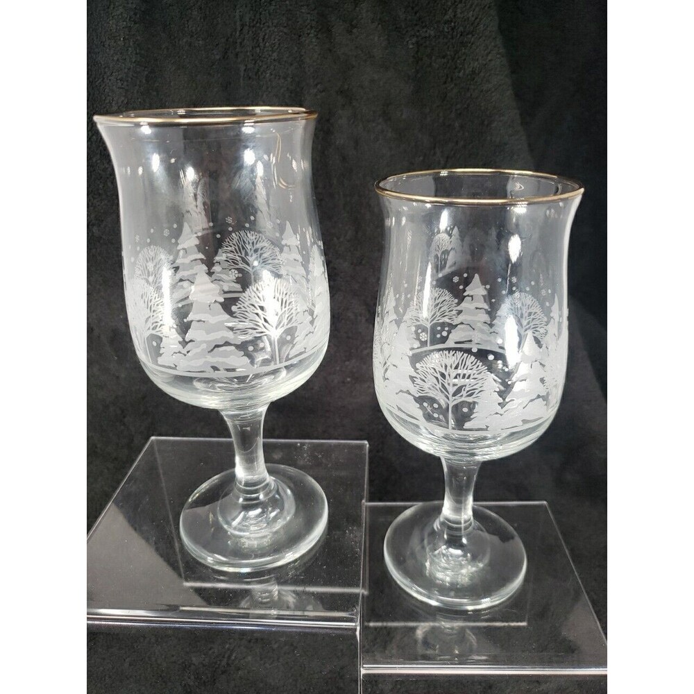 Arby's Libbey Glass Vintage Winter Wonderland Goblets Trees Snow Gold Rim 1980s